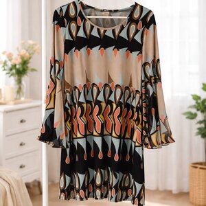 Retro Shift MSK Geometric Print Bell Sleeve Tunic Dress Size M
